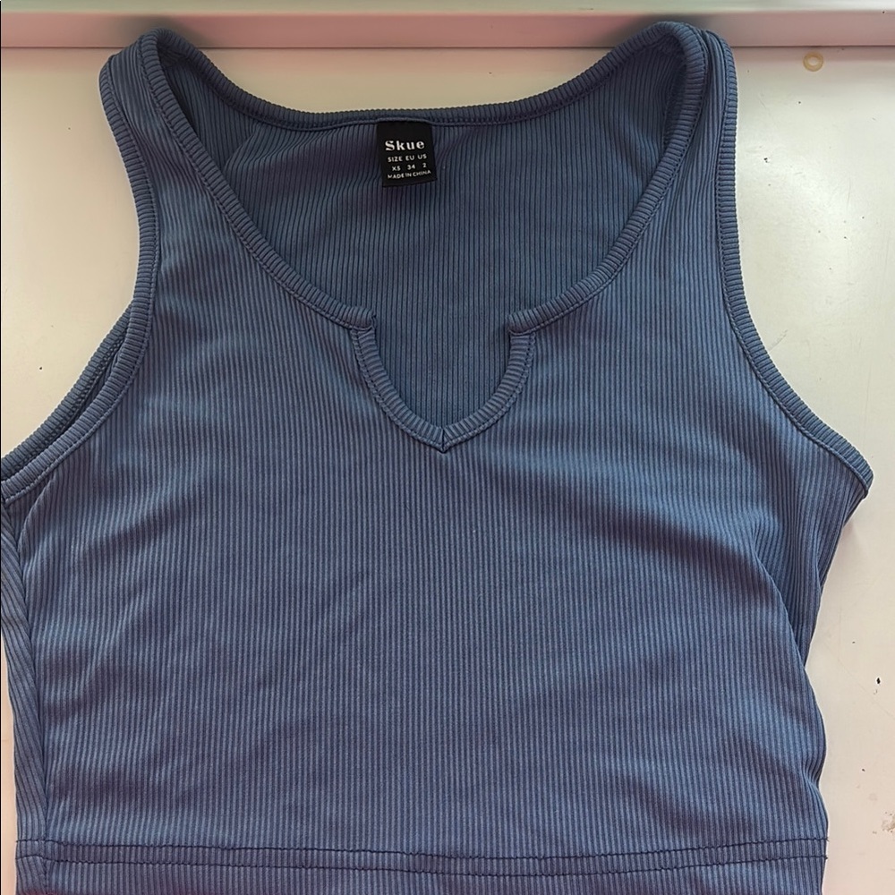 Blue Ribbed Sleeveless Top